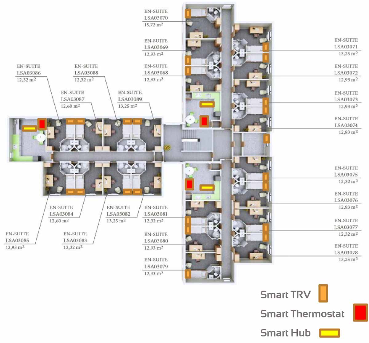 Accommodation block layout with controls
